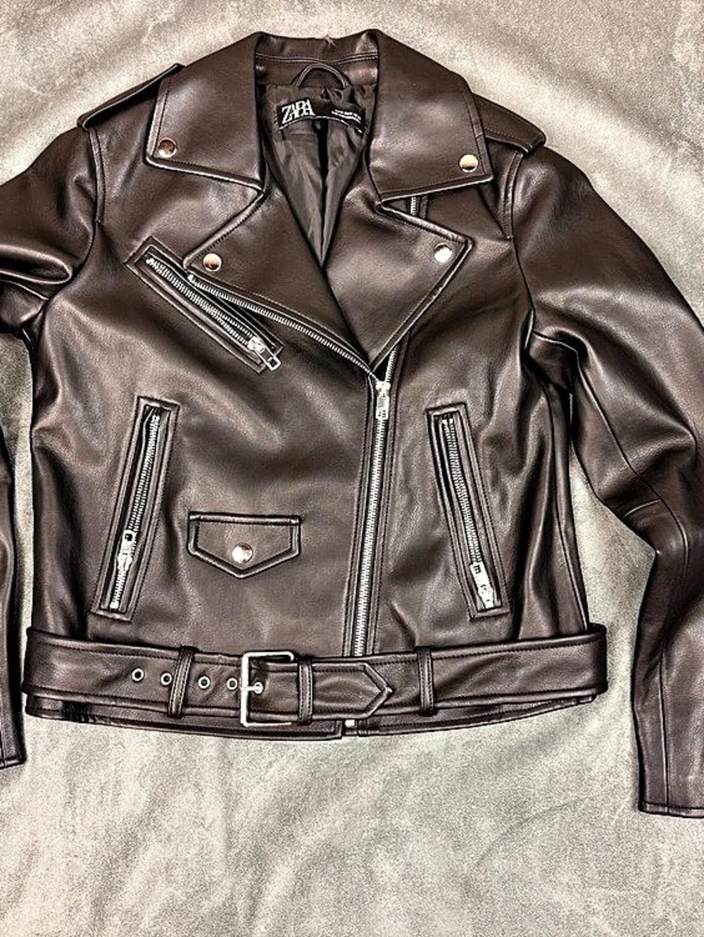 Zara Cropped Faux Leather Biker Jacket Black Size Medium - Picture 2 of 8